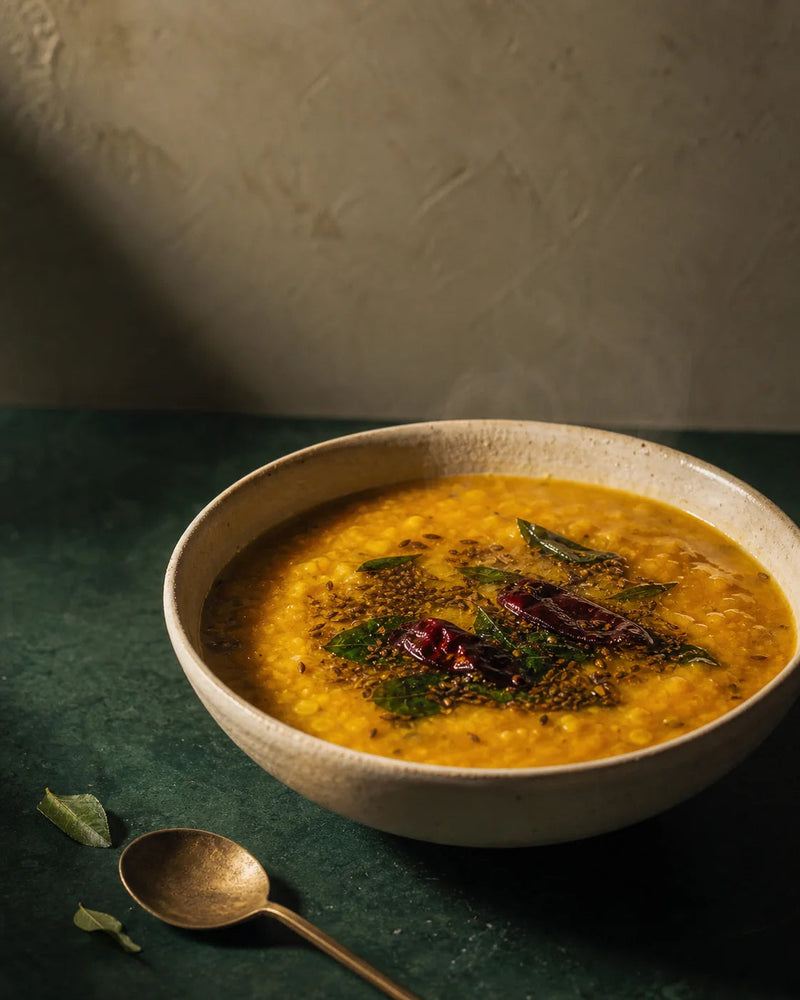 GetPured Simple Dal Tadka, yellow lentils finished with an A2 Bilona Gir Cow Ghee tempering of cumin, dried red chilli and curry leaves