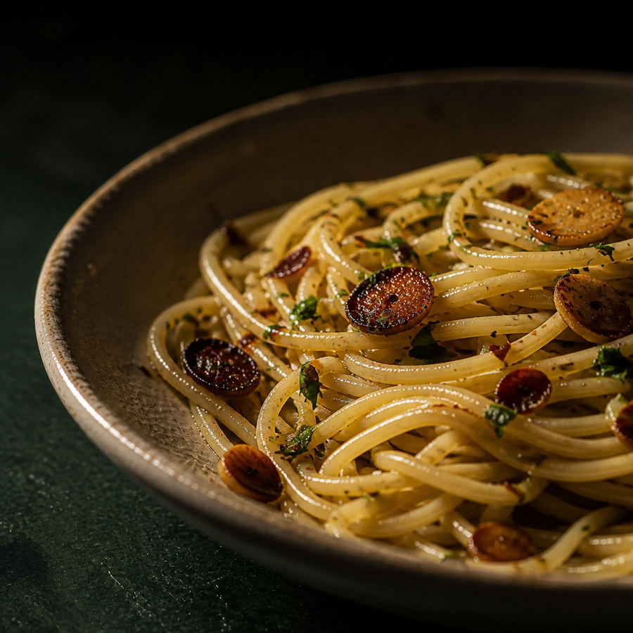 Aglio e Olio served in a shallow rimmed plate