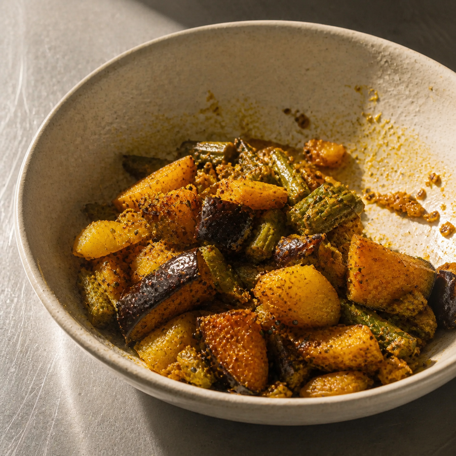 Bengali Mixed Vegetable Tarkari served in a speckled stoneware bowl