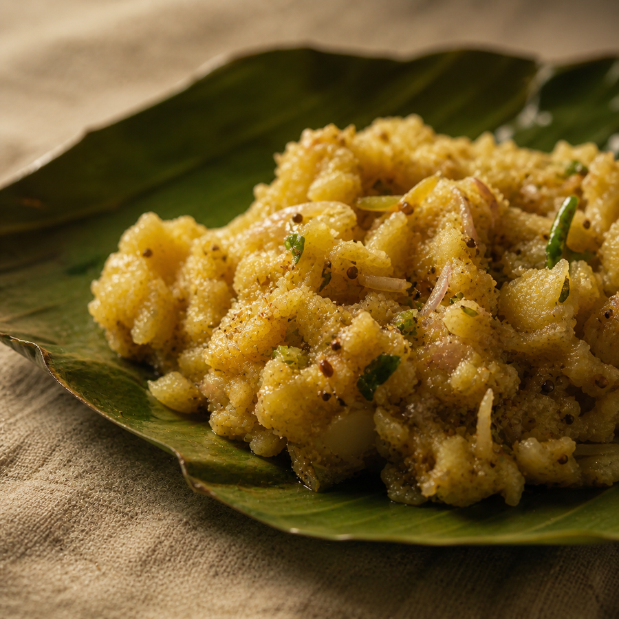 Bengali Style Aloo Bhorta served in a banana leaf