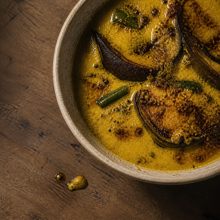 Bengali Style Shorshe Begun (Eggplant in Mustard Sauce) served in a speckled stoneware bowl