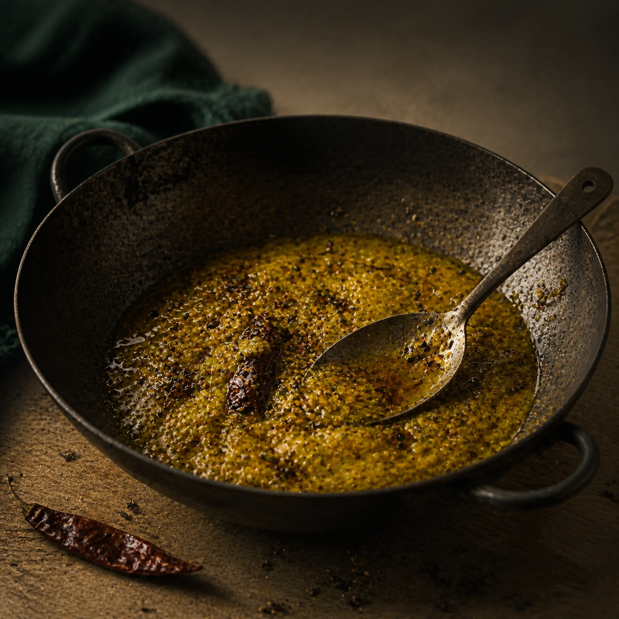 Bengali Style Tempering served in a dark iron kadai