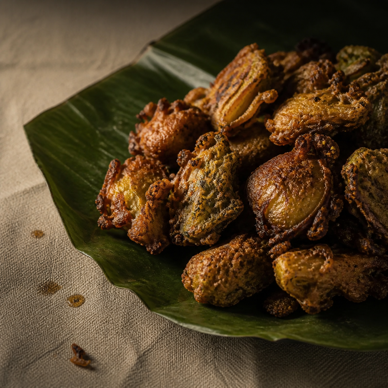 Crispy Vegetable Pakoras served in a banana leaf