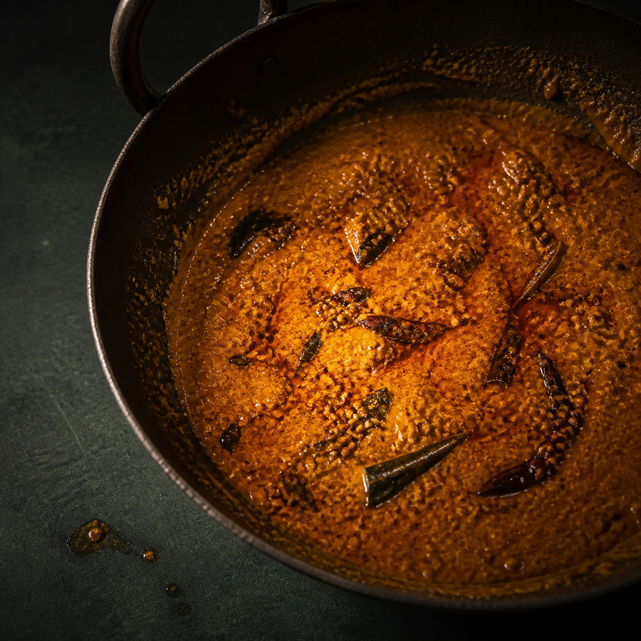 Everyday Curry Masala Base served in a dark iron kadai