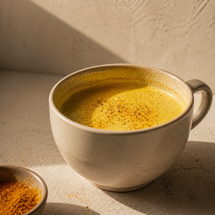 Golden Milk served in a thick ceramic cup
