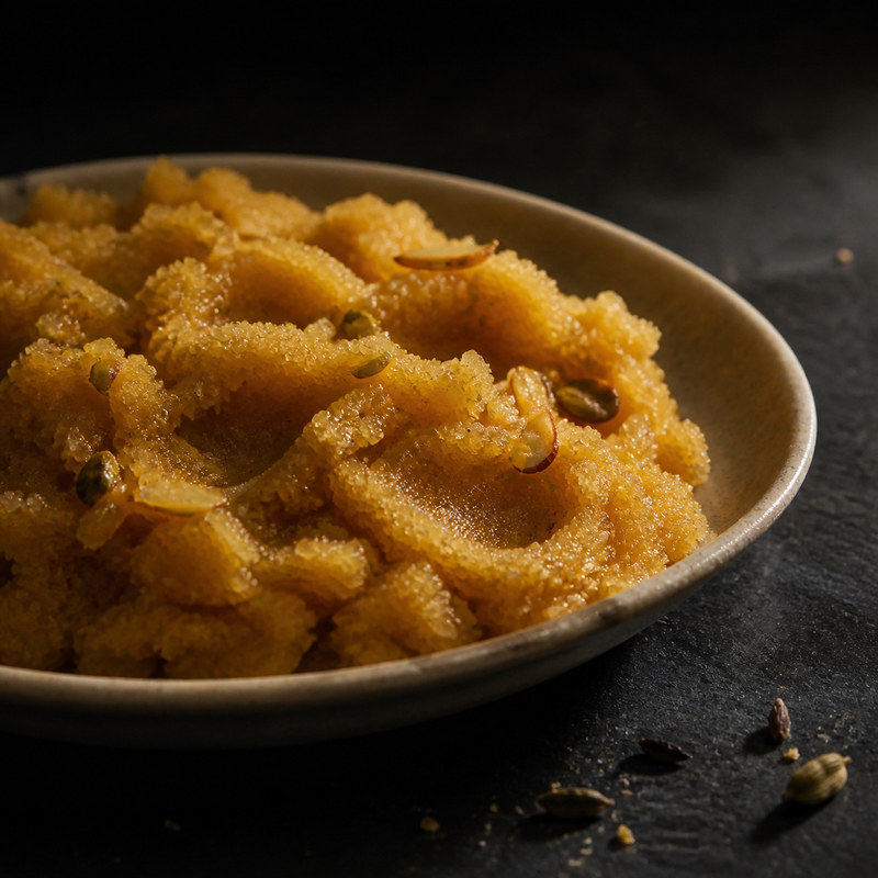 Sooji Halwa served in a shallow rimmed plate