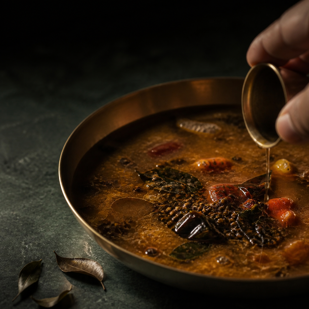 South Indian Pepper Rasam served in a brass thali