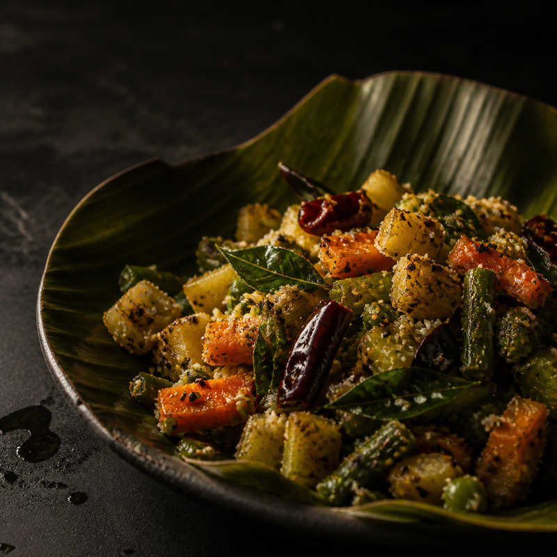 South Indian Vegetable Poriyal served in a banana leaf