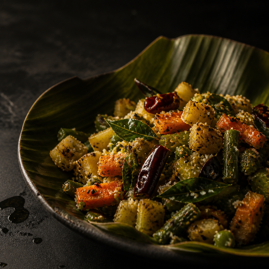 South Indian Vegetable Poriyal served in a banana leaf