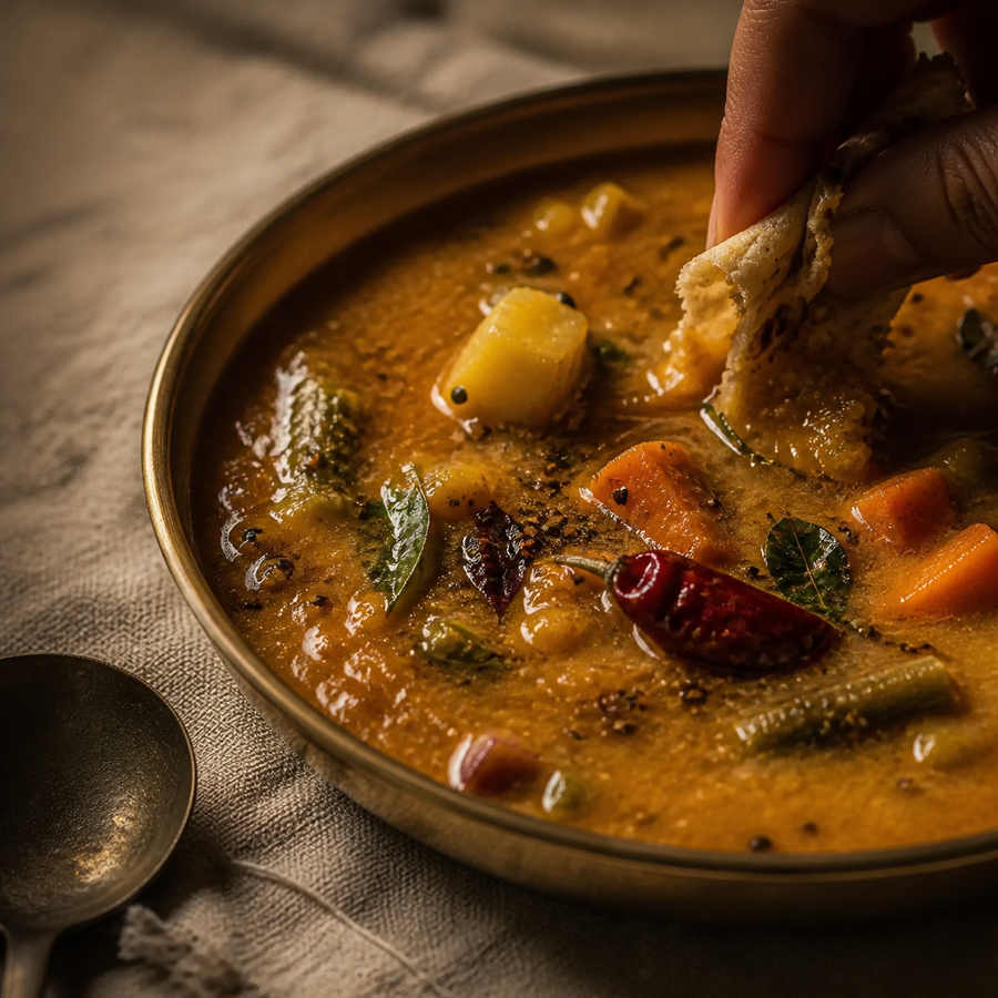 South Indian Vegetable Sambar served in a brass or steel thali