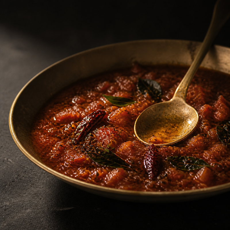 Tomato and Chilli Chutney served in a brass or steel thali