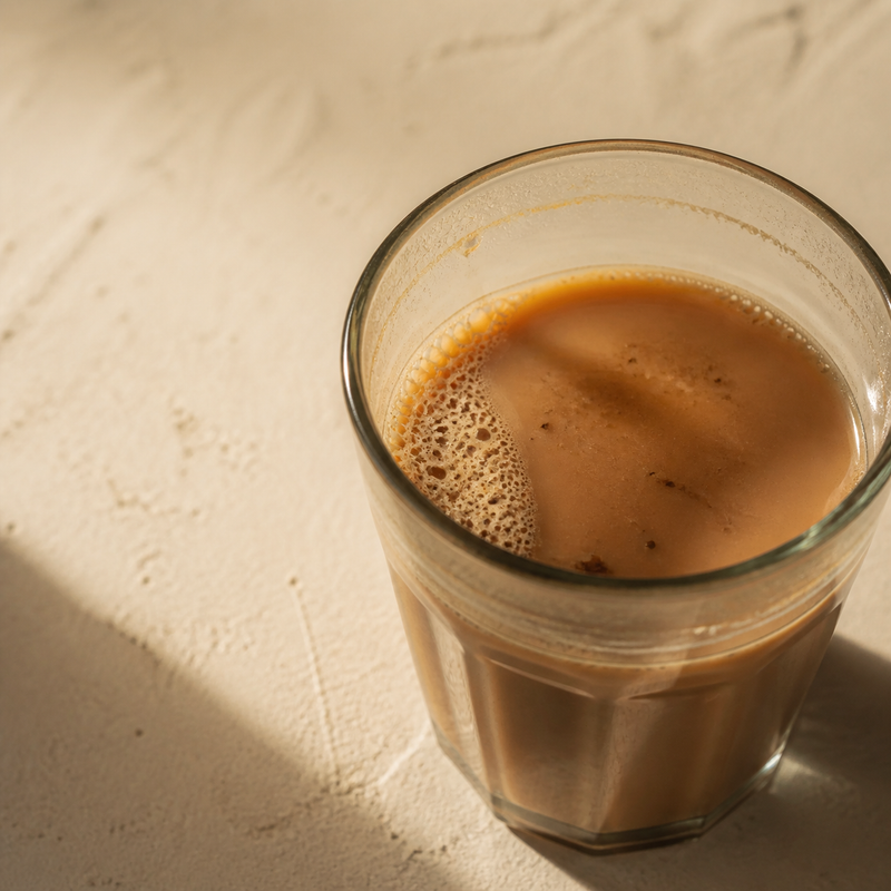 Warmly Spiced Masala Chai served in a glass tumbler