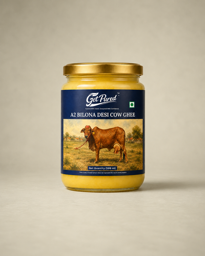 GetPured A2 Bilona Desi Cow Ghee photographed on a warm studio backdrop