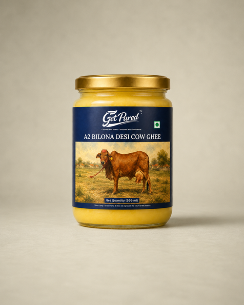 GetPured A2 Bilona Desi Cow Ghee photographed on a warm studio backdrop