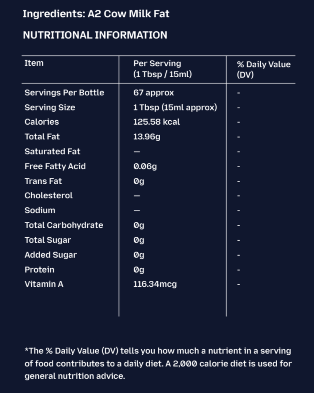 GetPured a2 bilona desi cow ghee 1000ml nutrition and ingredients panel