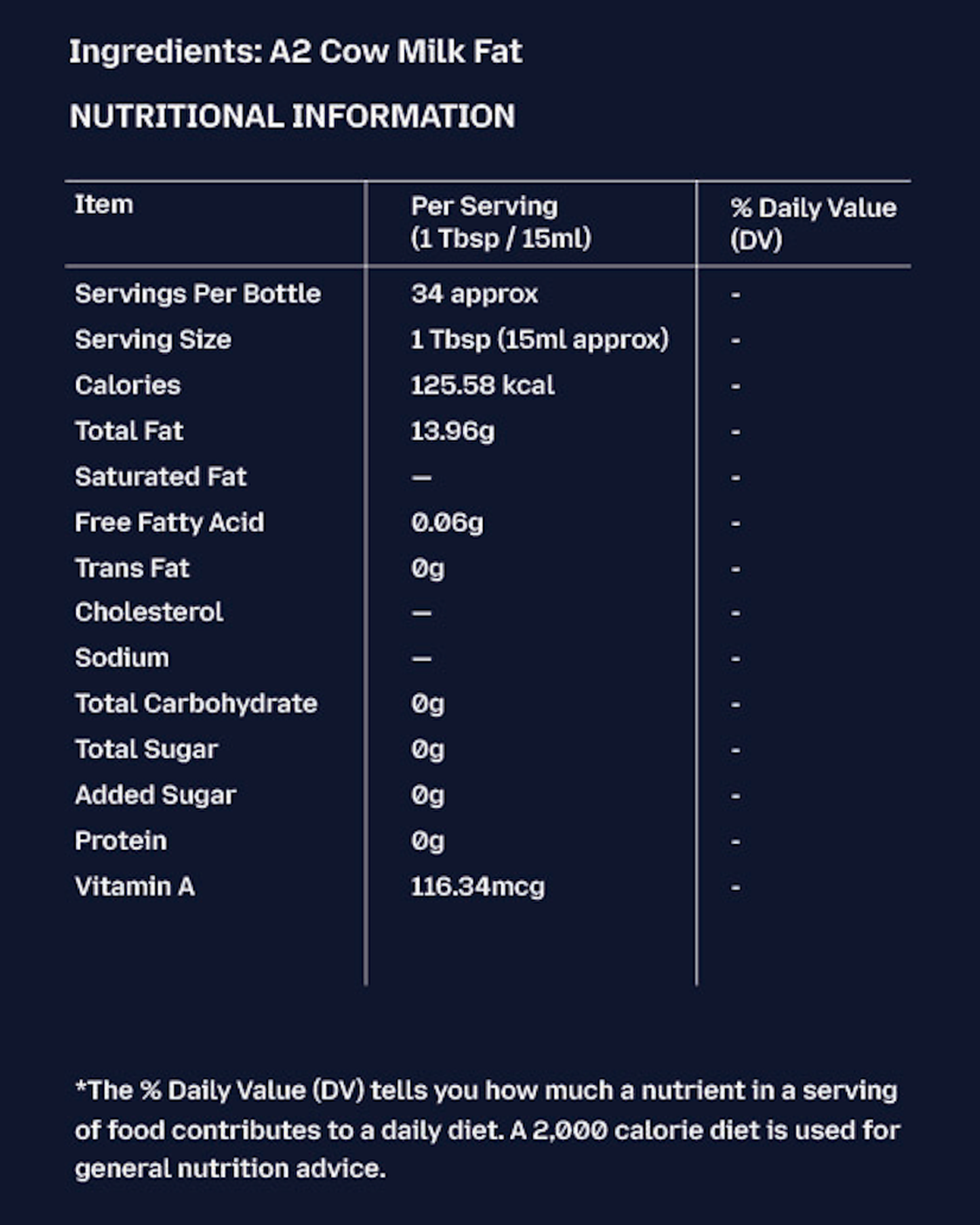 GetPured a2 bilona desi cow ghee 500ml nutrition and ingredients panel