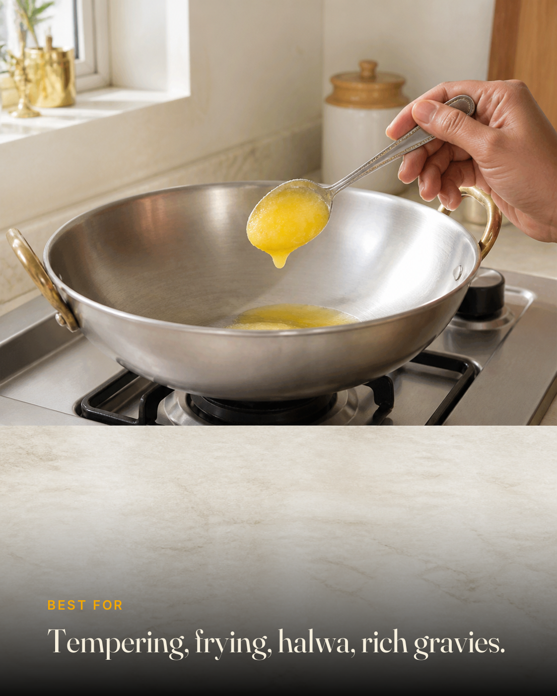 GetPured A2 Bilona Desi Cow Ghee being used in an Indian kitchen, with a caption naming the dishes it is best for