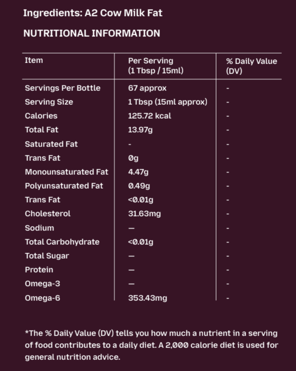 GetPured a2 bilona gir cow ghee 1000ml nutrition and ingredients panel