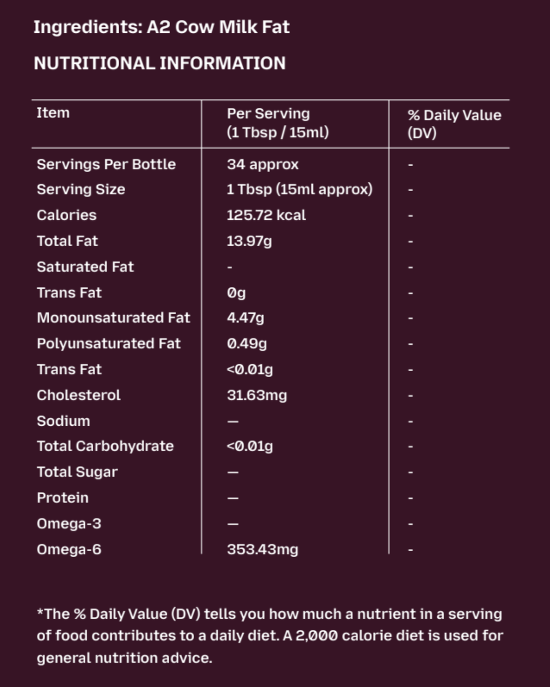 GetPured a2 bilona gir cow ghee 500ml nutrition and ingredients panel
