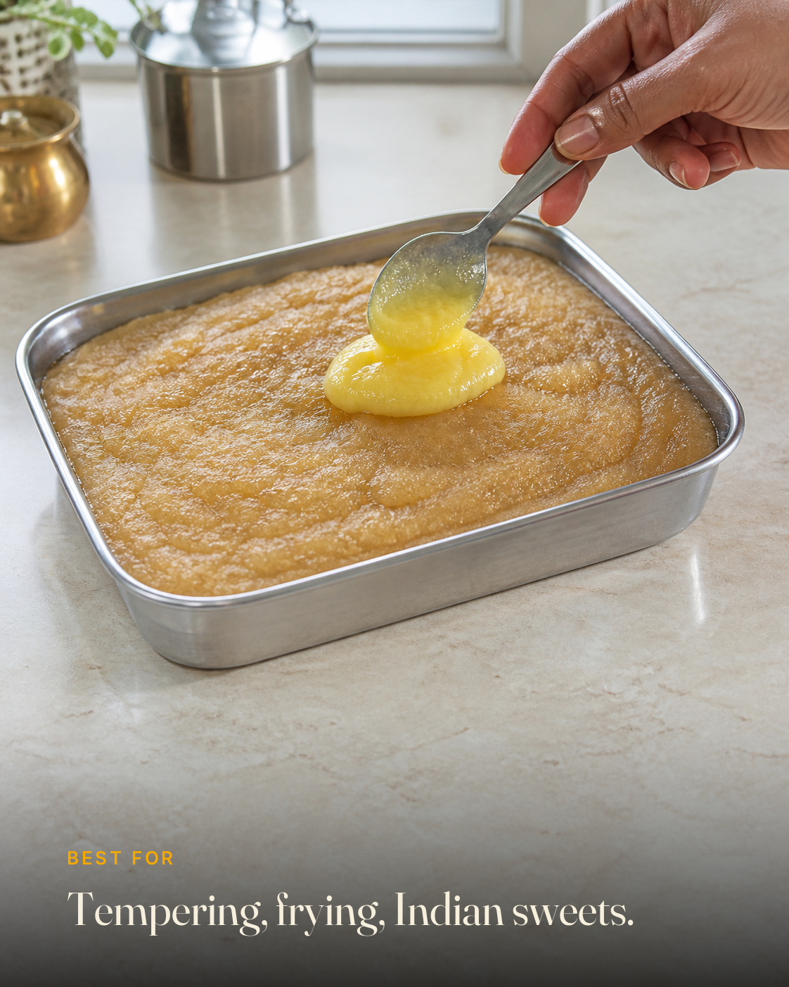 GetPured A2 Bilona Gir Cow Ghee being used in an Indian kitchen, with a caption naming the dishes it is best for