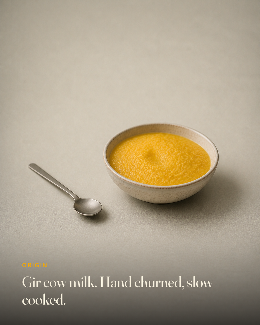The ingredient behind GetPured A2 Bilona Gir Cow Ghee, photographed on a warm studio backdrop with a caption naming its origin and how it is made