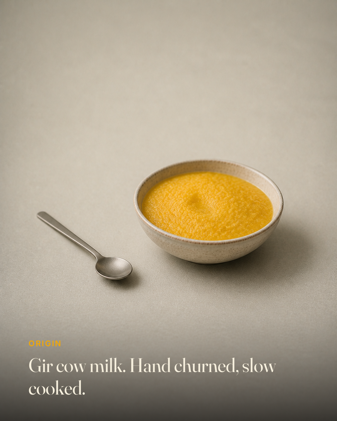 The ingredient behind GetPured A2 Bilona Gir Cow Ghee, photographed on a warm studio backdrop with a caption naming its origin and how it is made