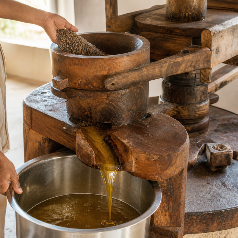 A wooden ghani press with seed going in and golden oil running out, the wood-pressed cold-pressed method behind GetPured oils