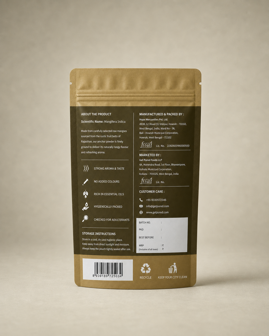 Back of the GetPured Amchur Powder 100g pack showing ingredients, nutrition, storage instructions, manufacturer details and FSSAI licence