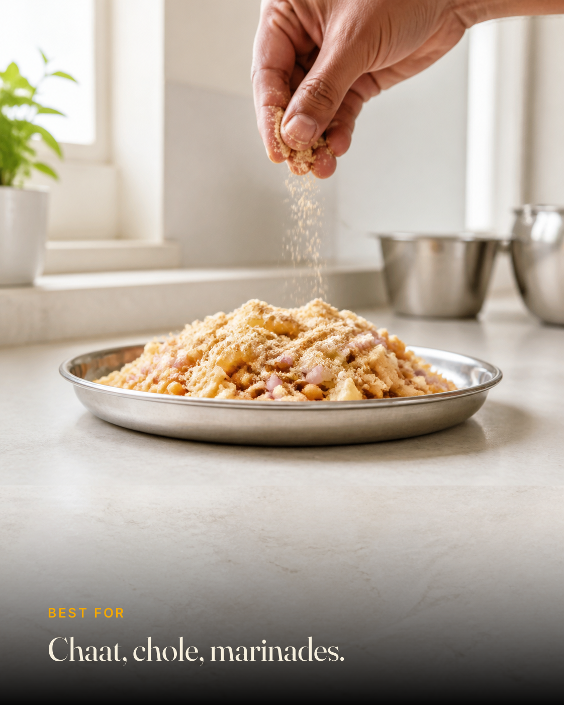 GetPured Amchur Powder being used in an Indian kitchen, with a caption naming the dishes it is best for