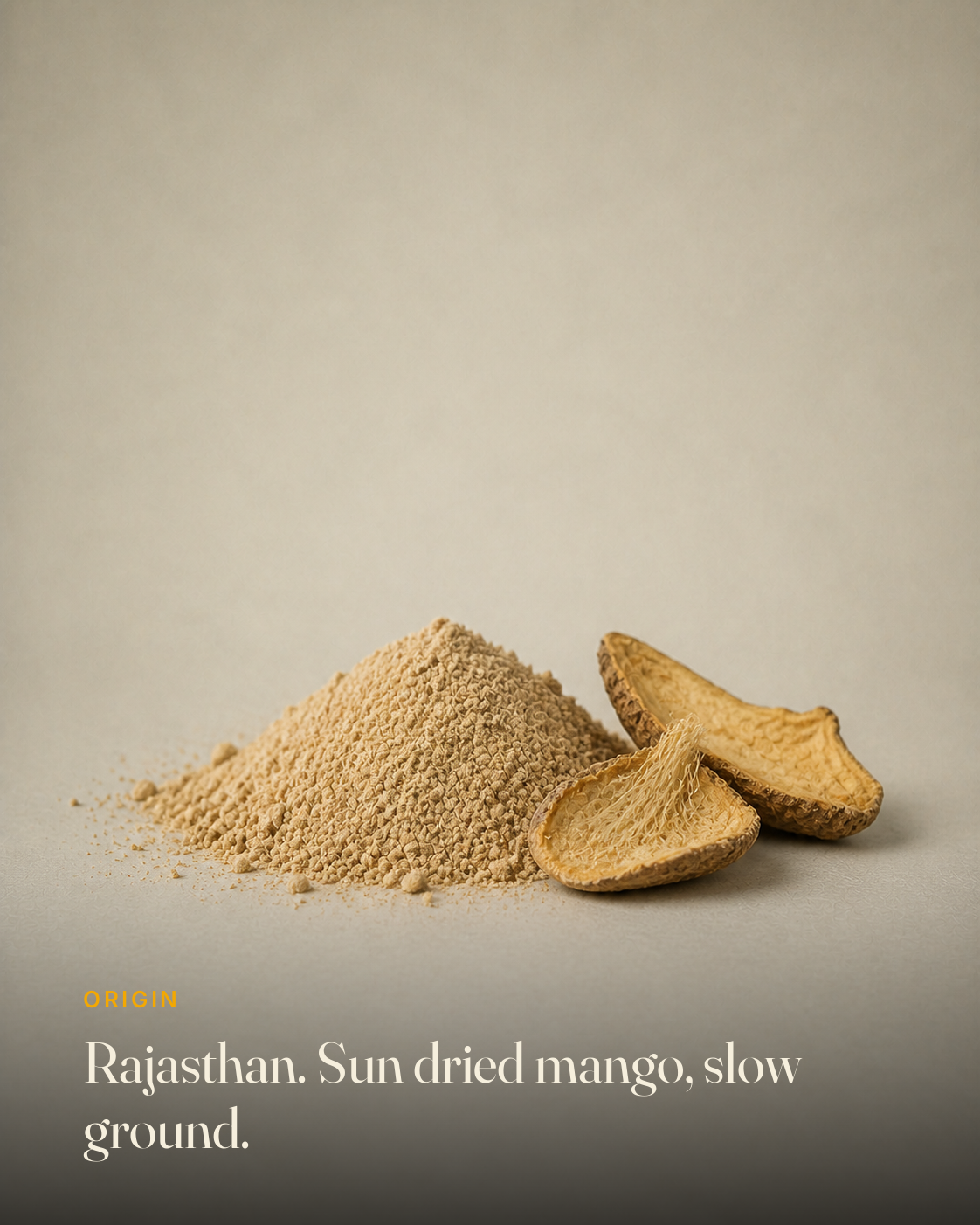 The ingredient behind GetPured Amchur Powder, photographed on a warm studio backdrop with a caption naming its origin and how it is made
