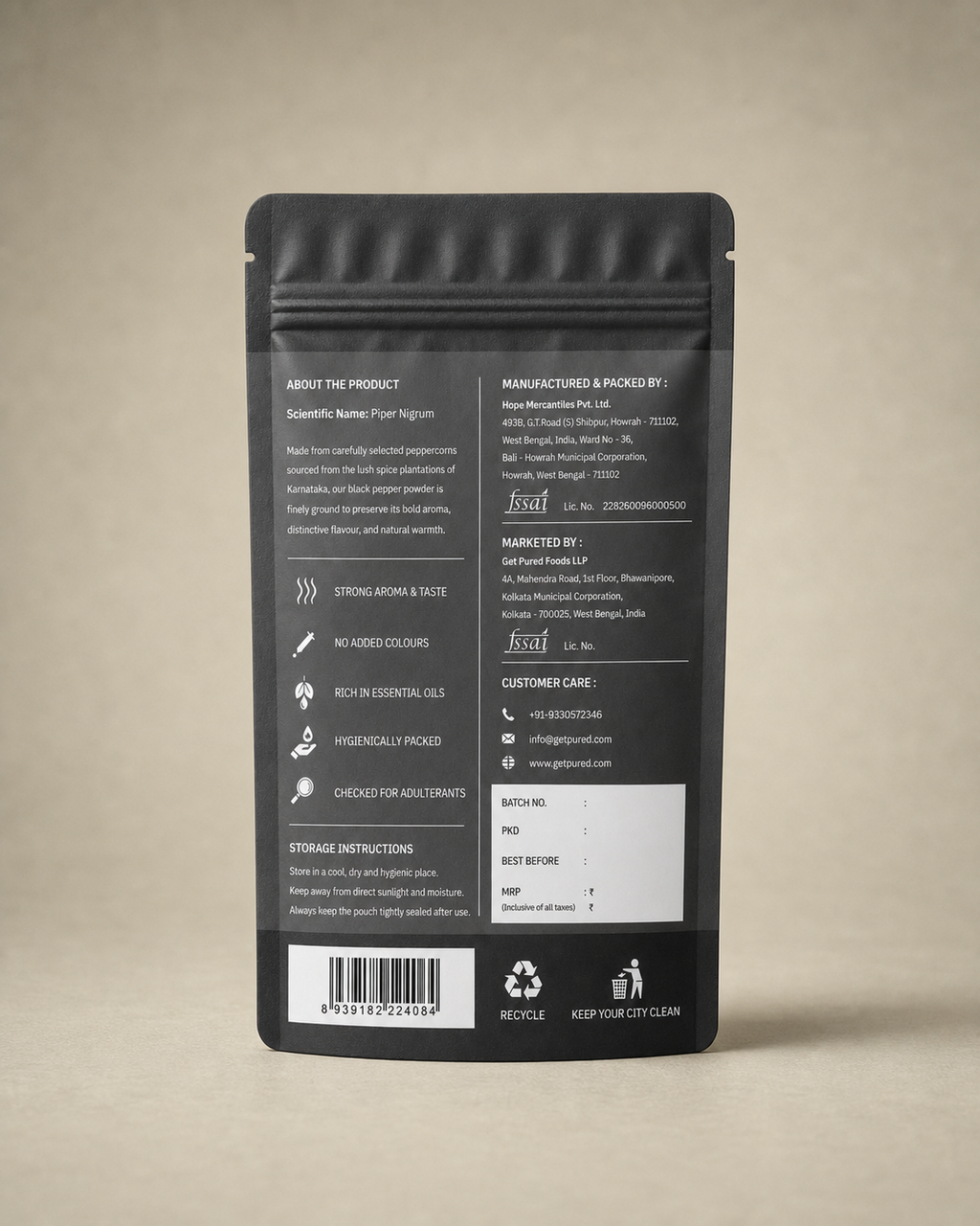 Back of the GetPured Black Pepper Powder 100g pack showing ingredients, nutrition, storage instructions, manufacturer details and FSSAI licence