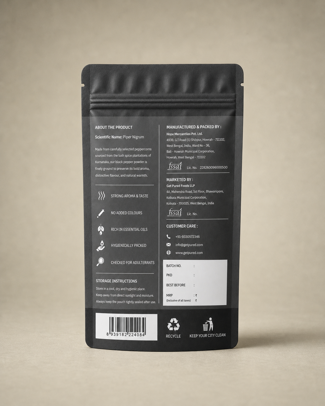 Back of the GetPured Black Pepper Powder 100g pack showing ingredients, nutrition, storage instructions, manufacturer details and FSSAI licence