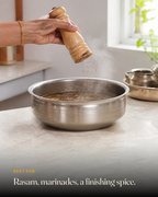GetPured Black Pepper Powder being used in an Indian kitchen, with a caption naming the dishes it is best for