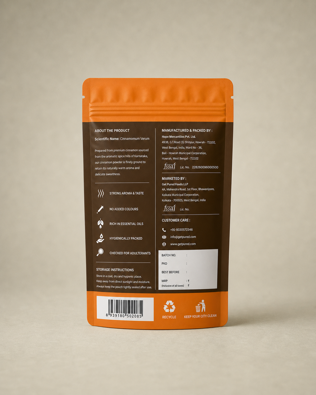 Back of the GetPured Cinnamon Powder 100g pack showing ingredients, nutrition, storage instructions, manufacturer details and FSSAI licence