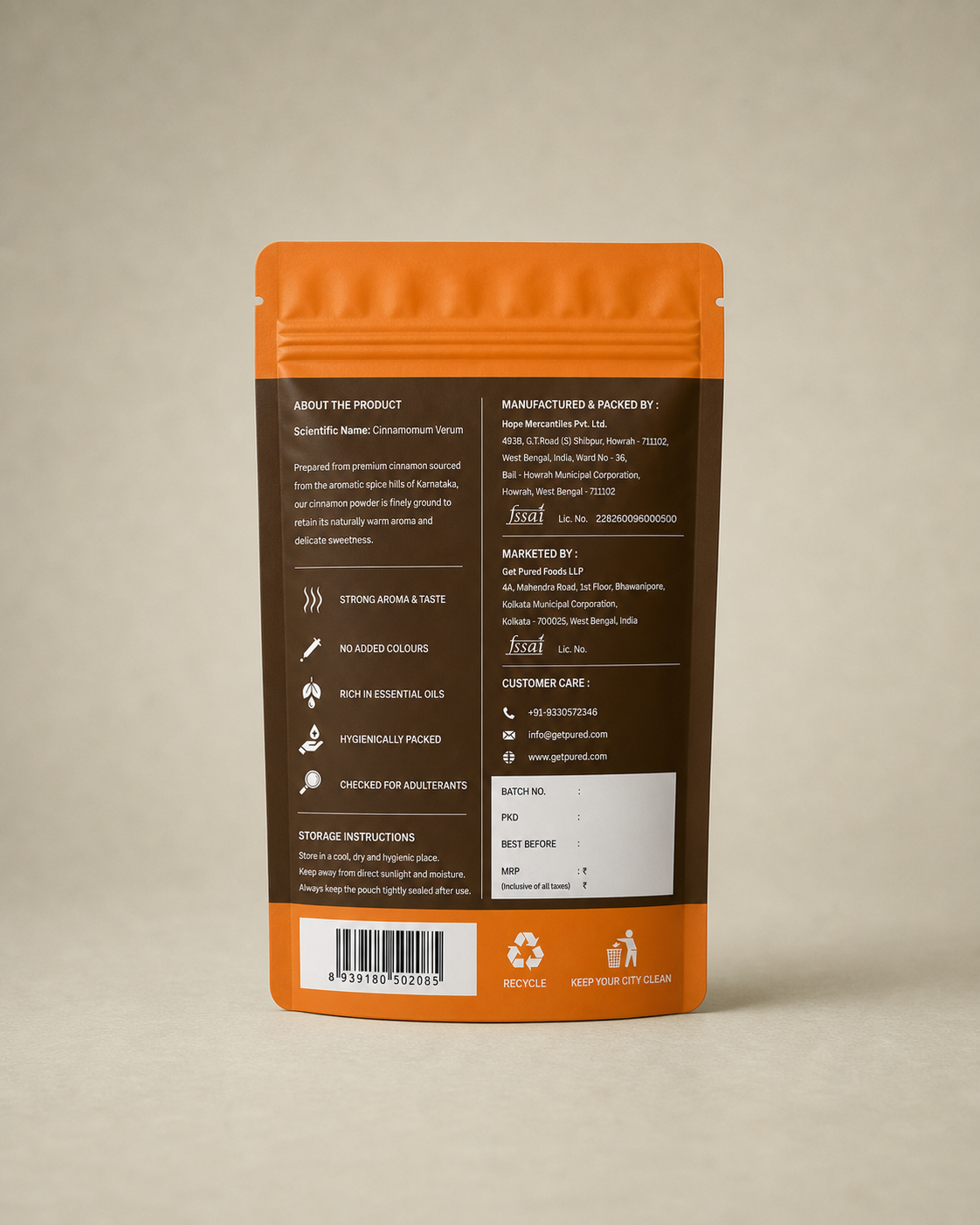 Back of the GetPured Cinnamon Powder 100g pack showing ingredients, nutrition, storage instructions, manufacturer details and FSSAI licence