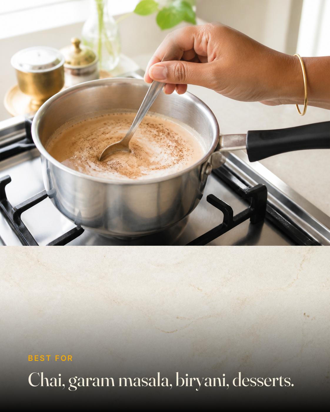 GetPured Cinnamon Powder being used in an Indian kitchen, with a caption naming the dishes it is best for
