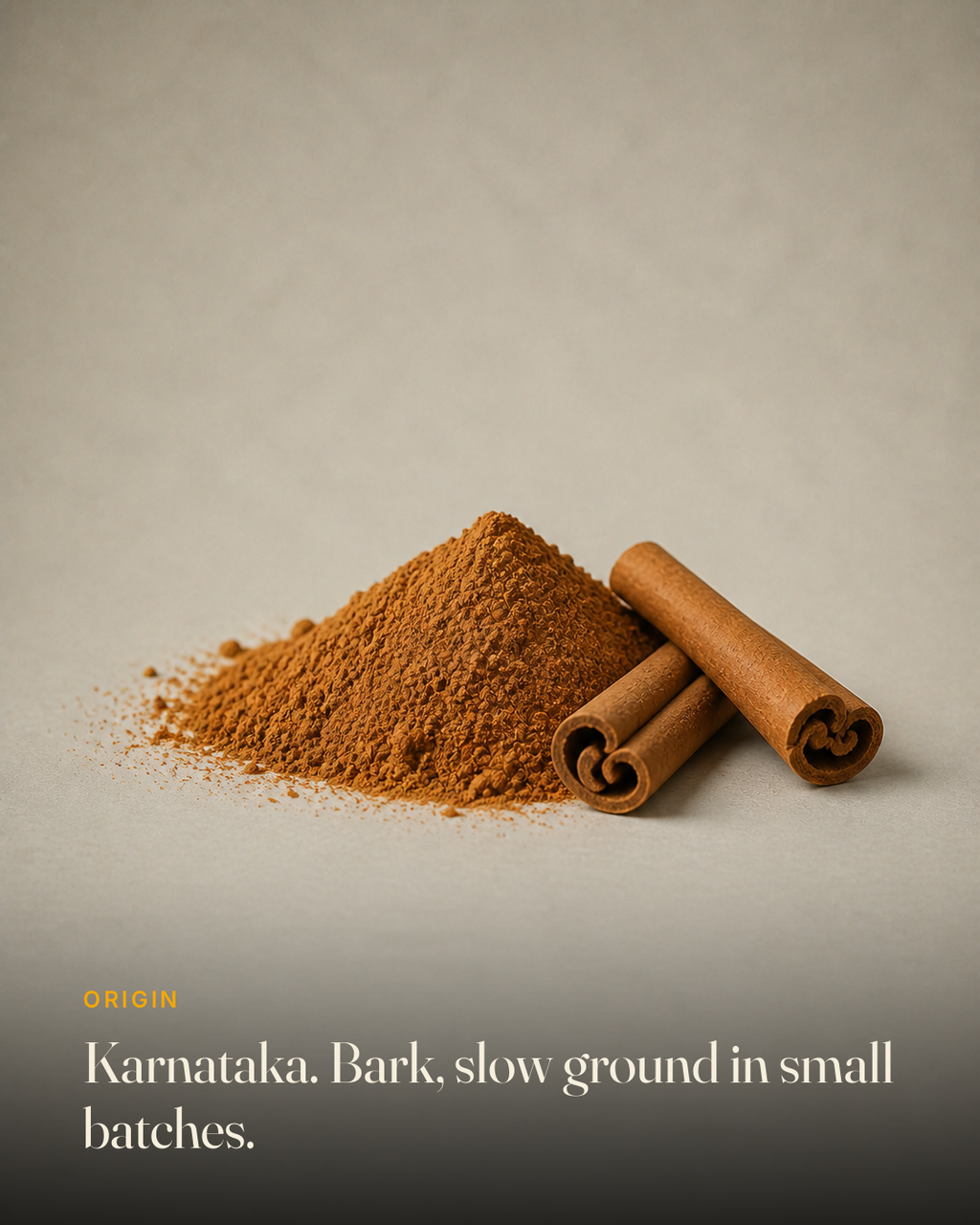 The ingredient behind GetPured Cinnamon Powder, photographed on a warm studio backdrop with a caption naming its origin and how it is made
