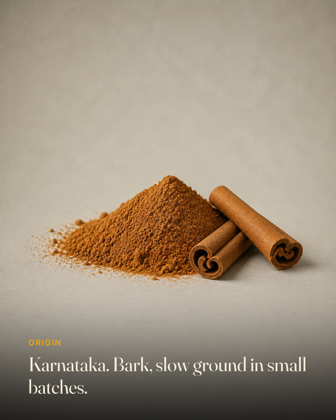 The ingredient behind GetPured Cinnamon Powder, photographed on a warm studio backdrop with a caption naming its origin and how it is made