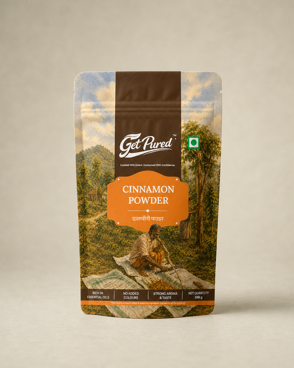 GetPured Cinnamon Powder 100g pack photographed on a warm studio backdrop