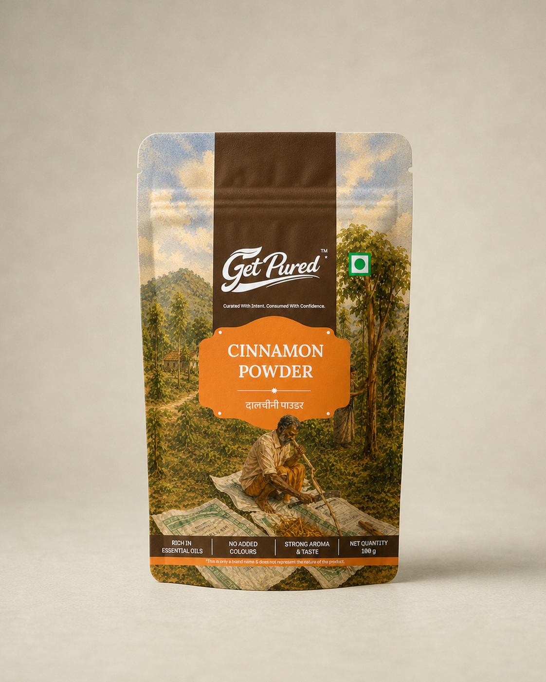 GetPured Cinnamon Powder 100g pack photographed on a warm studio backdrop