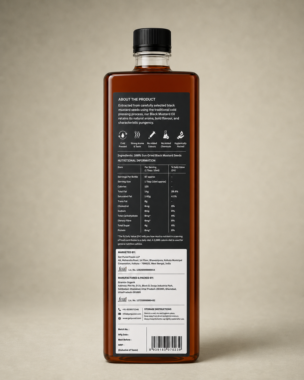 Back of the GetPured Cold Pressed Black Mustard Oil 1000ml pack showing ingredients, nutrition, storage instructions, manufacturer details and FSSAI licence