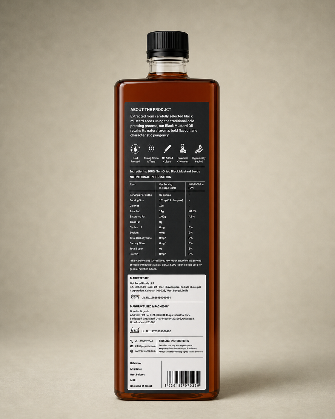 Back of the GetPured Cold Pressed Black Mustard Oil 1000ml pack showing ingredients, nutrition, storage instructions, manufacturer details and FSSAI licence