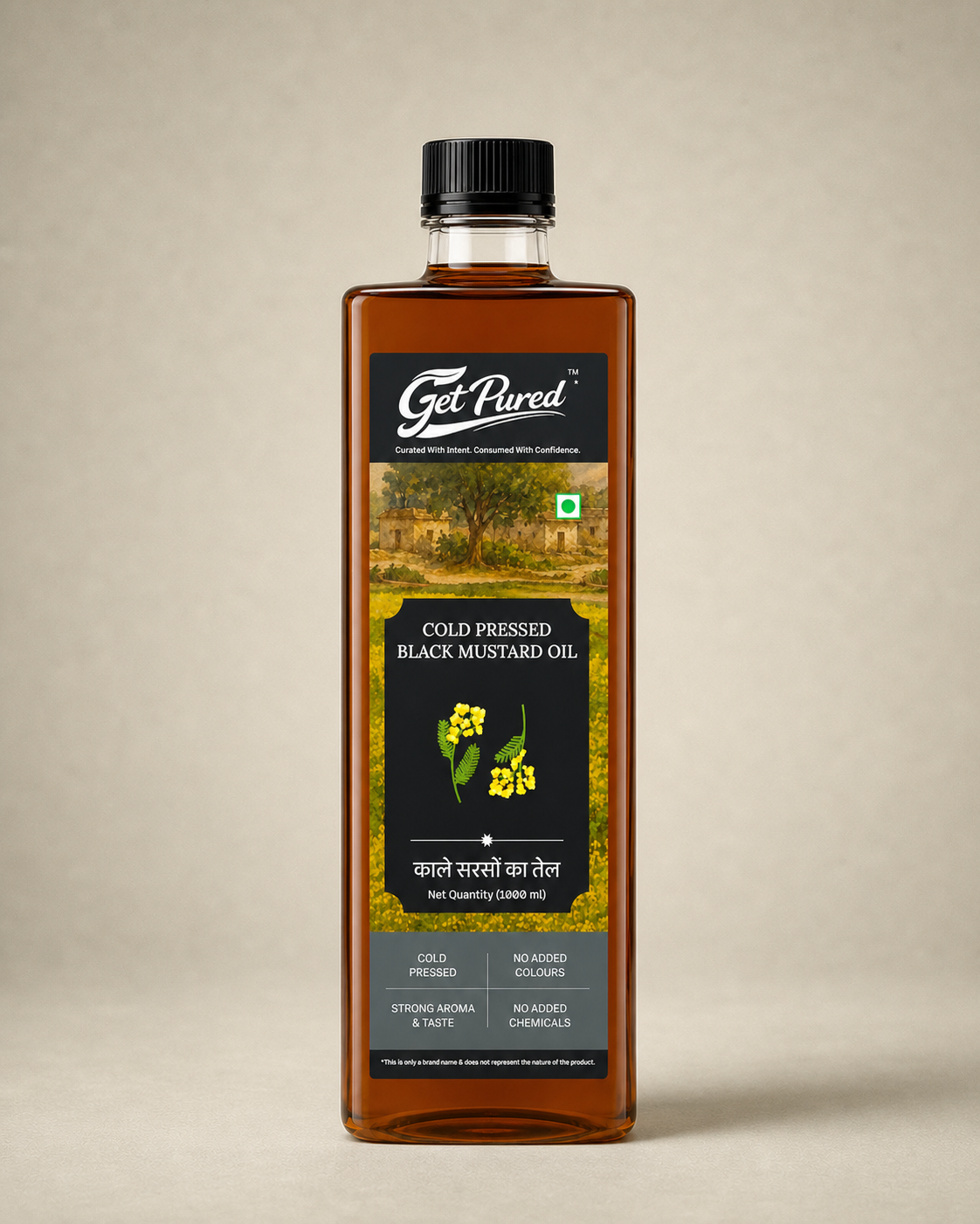 GetPured Cold Pressed Black Mustard Oil 1000ml pack photographed front on, on a warm studio backdrop
