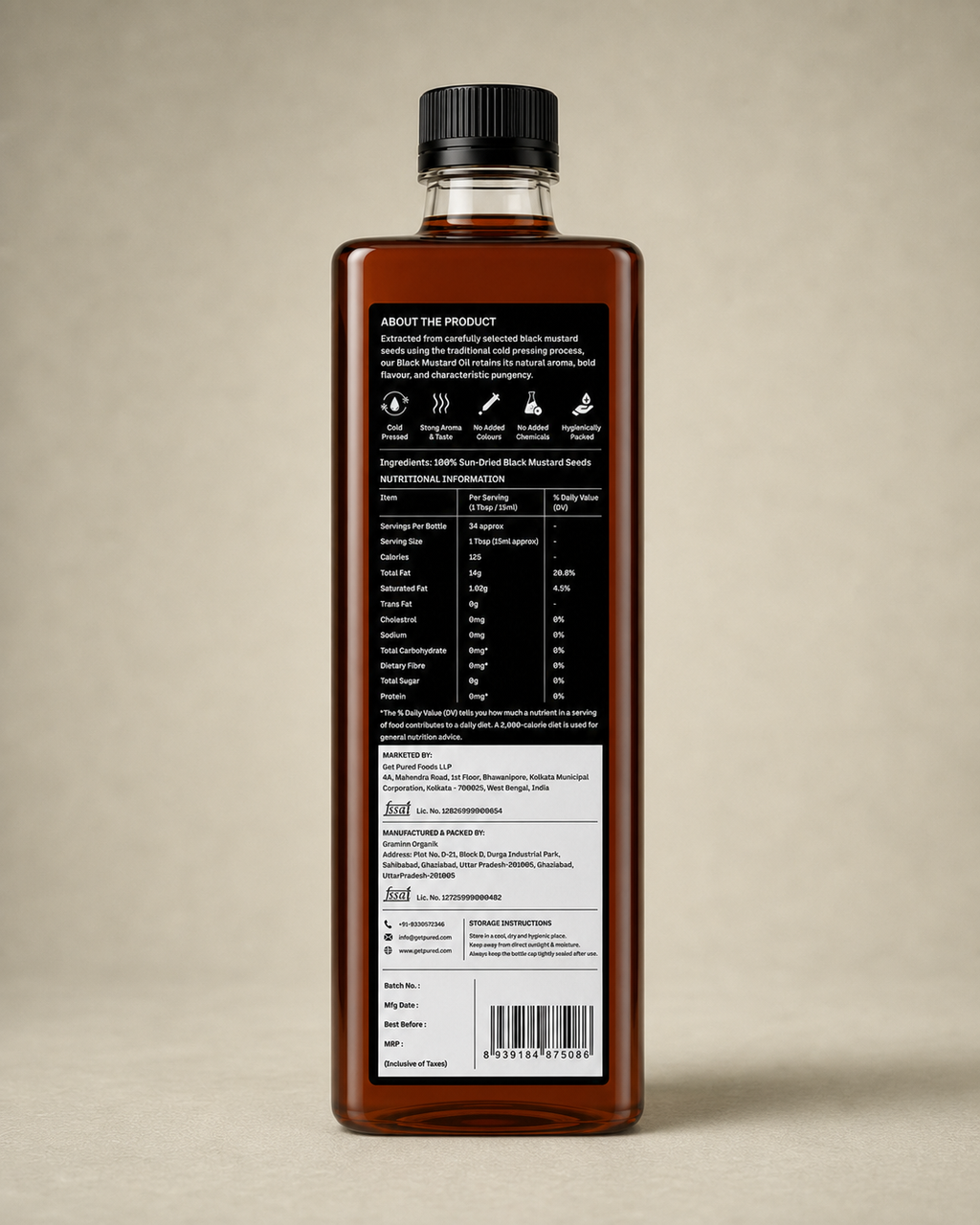 Back of the GetPured Cold Pressed Black Mustard Oil 500ml pack showing ingredients, nutrition, storage instructions, manufacturer details and FSSAI licence