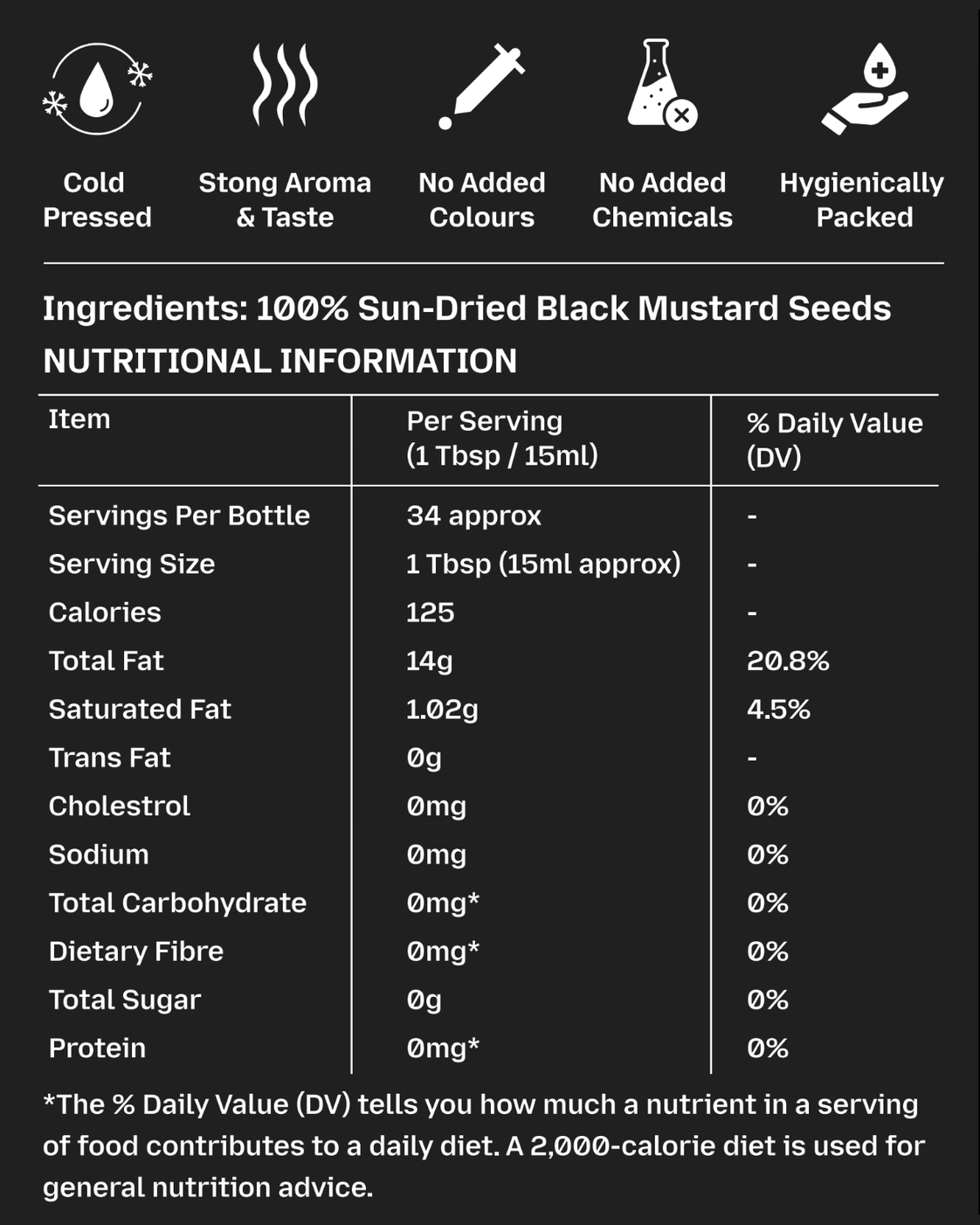 GetPured cold pressed black mustard oil 500ml nutrition and ingredients panel
