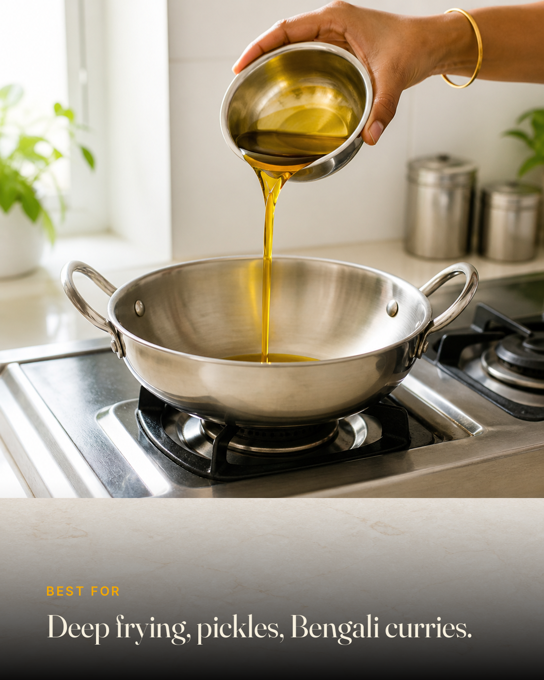GetPured Cold Pressed Black Mustard Oil being used in an Indian kitchen, with a caption naming the dishes it is best for