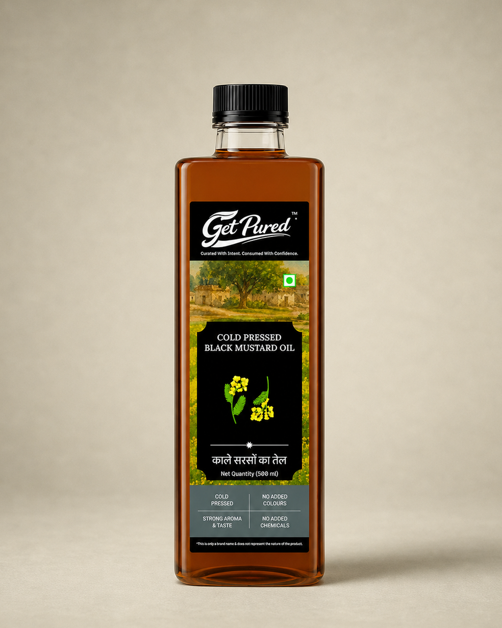 GetPured Cold Pressed Black Mustard Oil 500 ml bottle on a warm studio backdrop