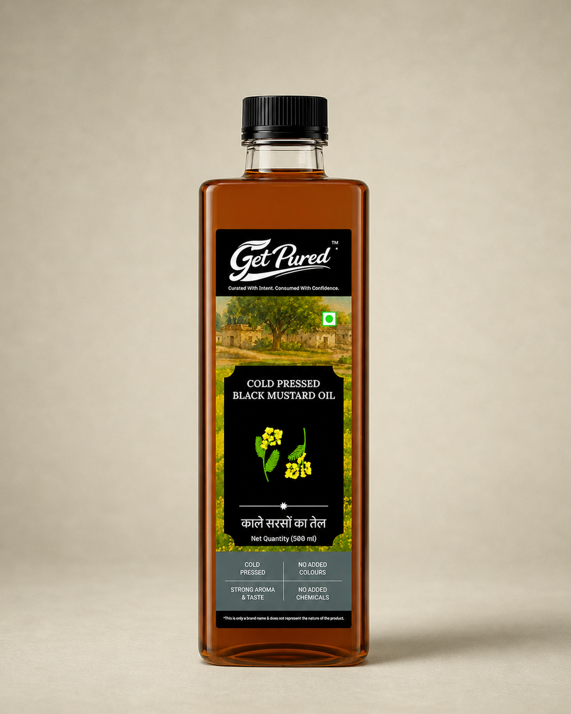 GetPured Cold Pressed Black Mustard Oil 500 ml bottle on a warm studio backdrop