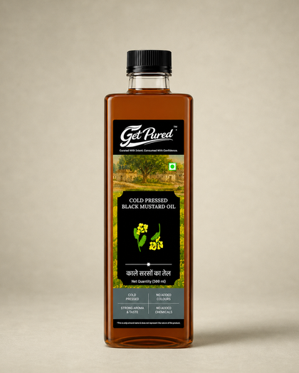 GetPured Cold Pressed Black Mustard Oil 500 ml bottle on a warm studio backdrop
