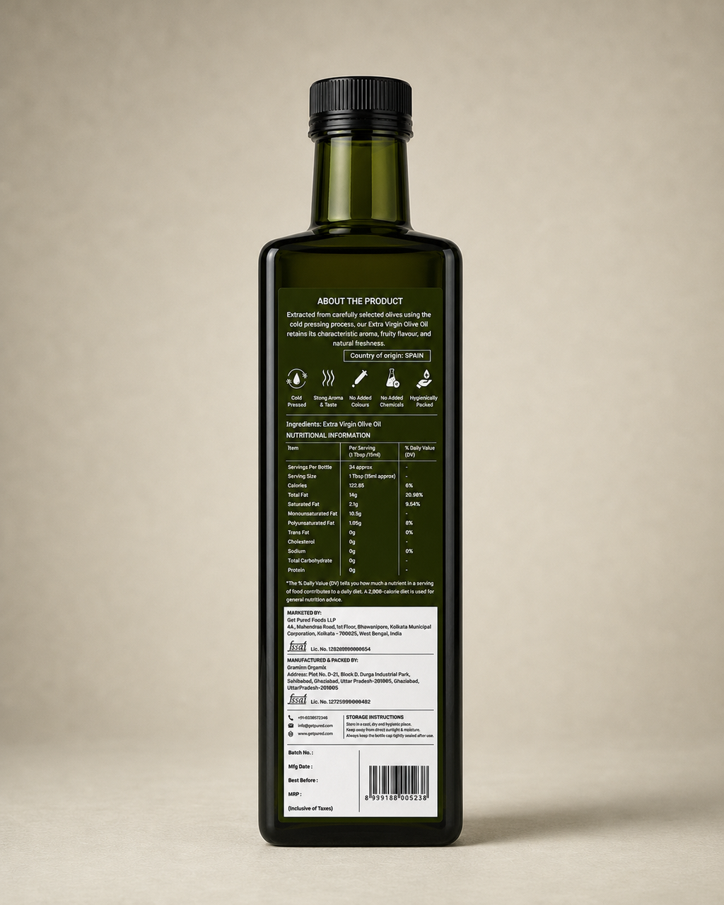 Back of the GetPured Cold Pressed Extra Virgin Olive Oil 500ml pack showing ingredients, nutrition, storage instructions, manufacturer details and FSSAI licence